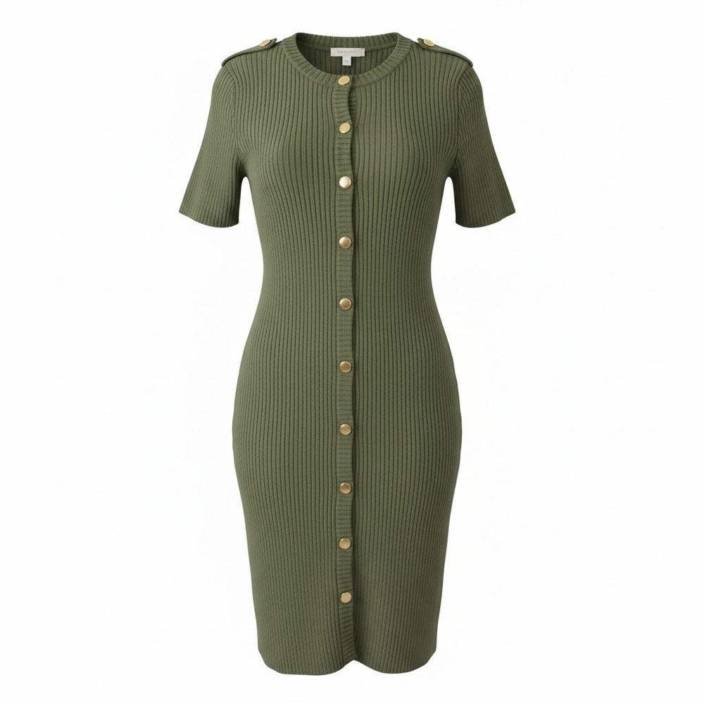 French Connection Womens Midi Sweater Dress L Olive Green Knit Bodycon